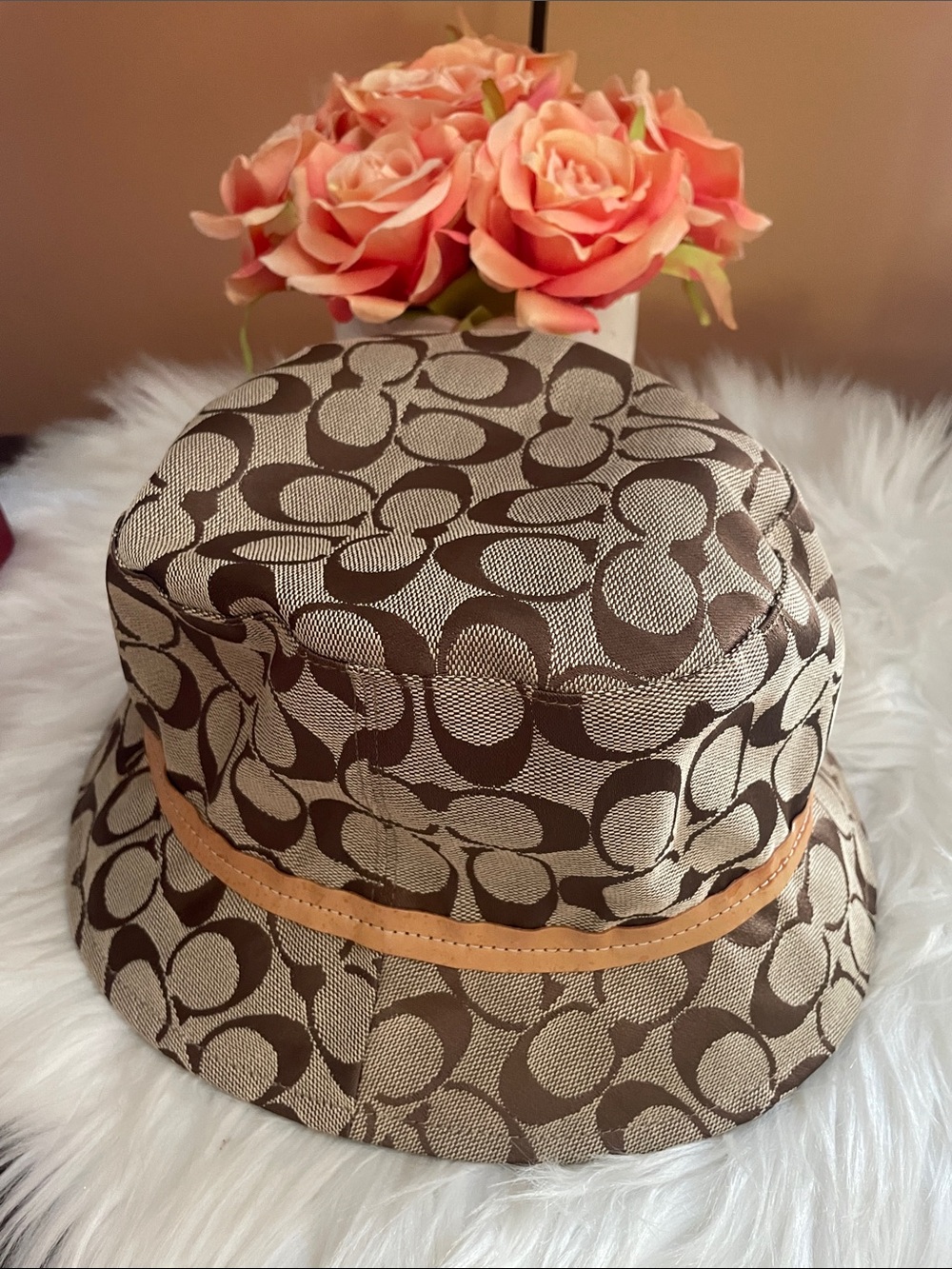 Coach Brown Signature Canvas Bucket Hat with Tan Trim